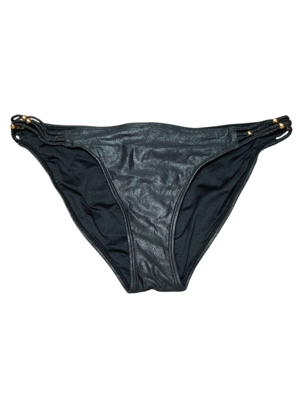 PilyQ Bikini Bottom Sz L Black Beaded Braided Low Rise Cheeky Barcelona Swimwear
